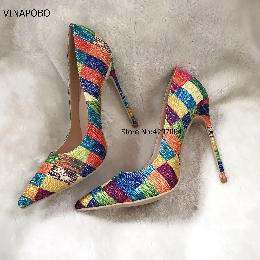 VINAPOBO Stiletto High Heels Women Pumps Colorful Plaid Striped Pointed Toe Shallow Footwear Autumn Party Ladies Shoes SIZE 43 | Обувь