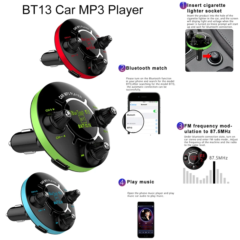 BT13 автомобильный радиоприемник bluetooth fm-передатчик Автомобильный MP3-плеер разъем зарядного устройства USB адаптер прикуриватель навигационные автомобильные аксессуары