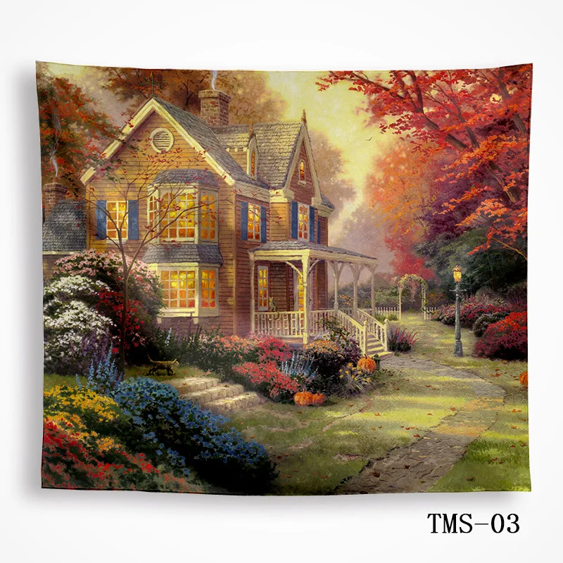 Голубой цветок деревня фотообои зеленые деревья дорога искусственный гобелен