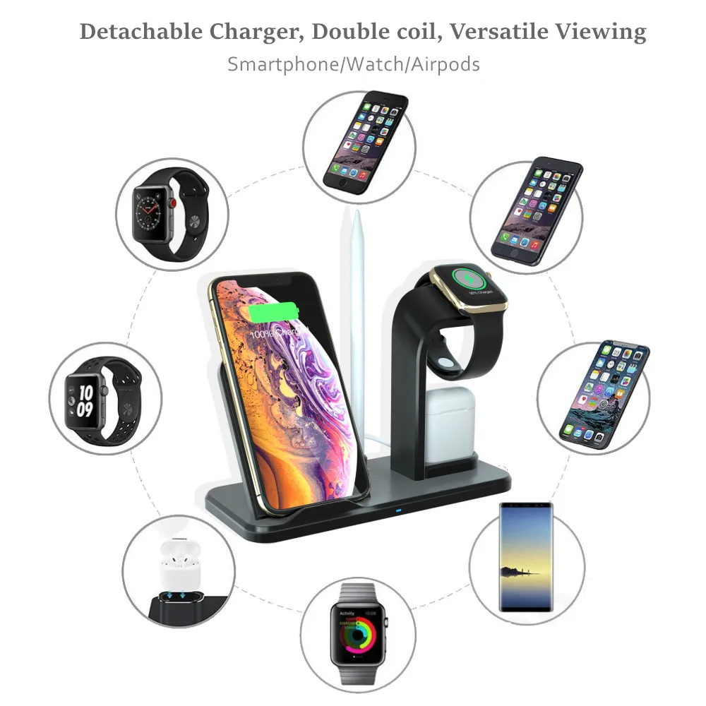 Для iPhone X XS 8 Беспроводной Зарядное устройство Подставка для Apple Watch 4/3/2 Беспроводной AirPods док-станция для зарядки для samsung быстро Зарядное устройство