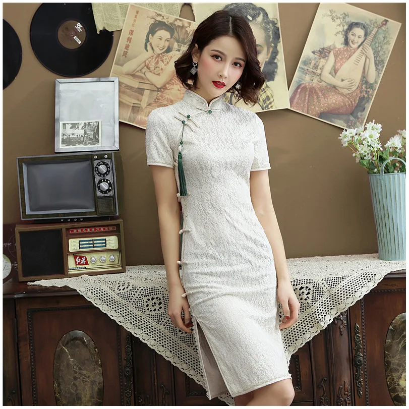 Двухъярусное кружевное современное китайское платье для вечеринок qipao для женщин