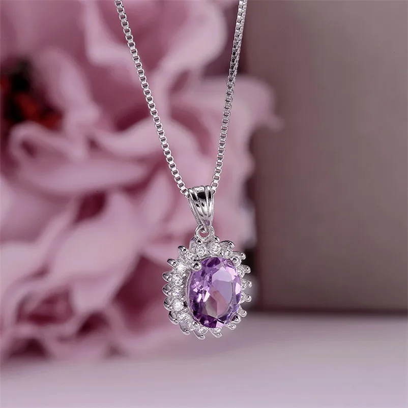 

Natural Gemstone Necklaces Pendants For Women S925 Silver Amethyst Oval Purple Necklace Vintage Luxury Accessories CCN013-5