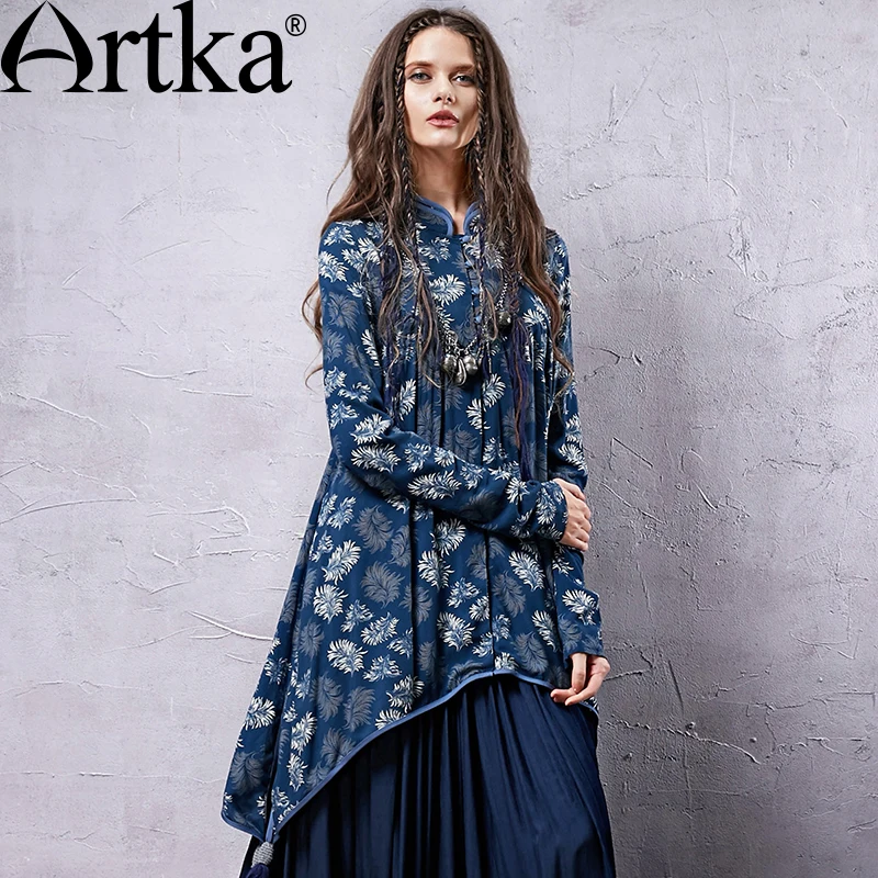 ARTKA Женская модная Асимметричная Весенняя рубашка с воротником стойкой из кожи