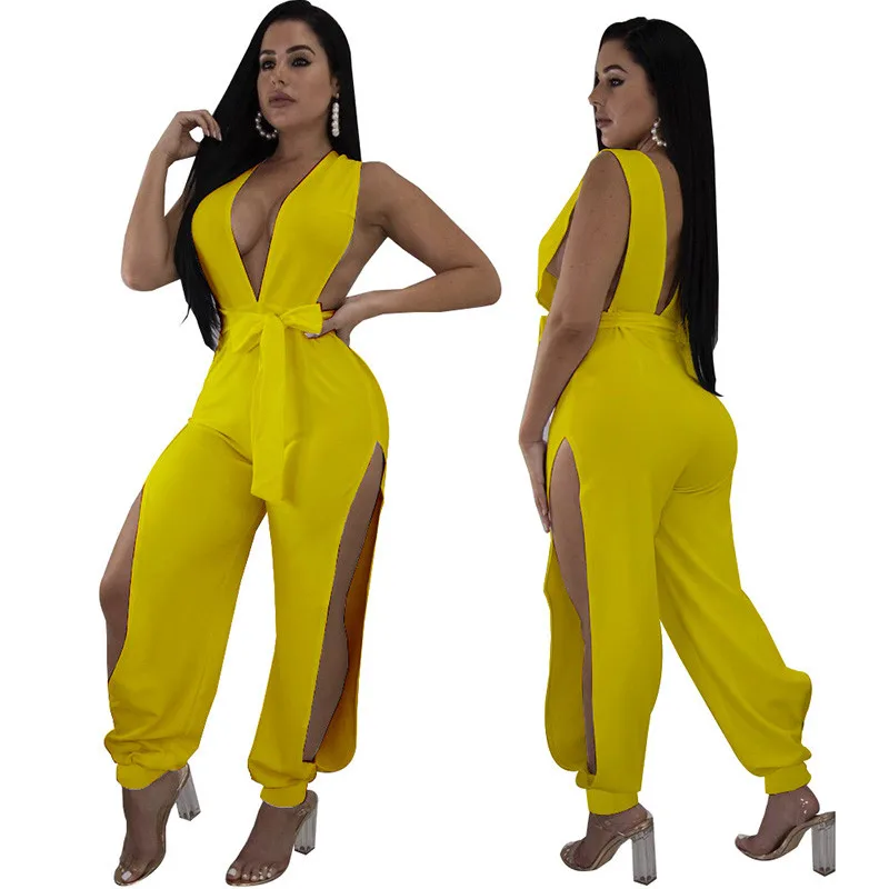 Женский слитный комбинезон с открытой спиной глубоким V образным вырезом без