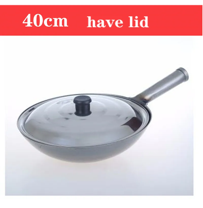 have lid 40cm Китайский стиль, традиционная железная кастрюля ручной работы, утолщенная, не покрытая, с круглым дном, сковорода wok cook, большая кастрюля для приготовления пищи, с деревянной ручкой, крышка/5 - Цвет: have lid 40cm