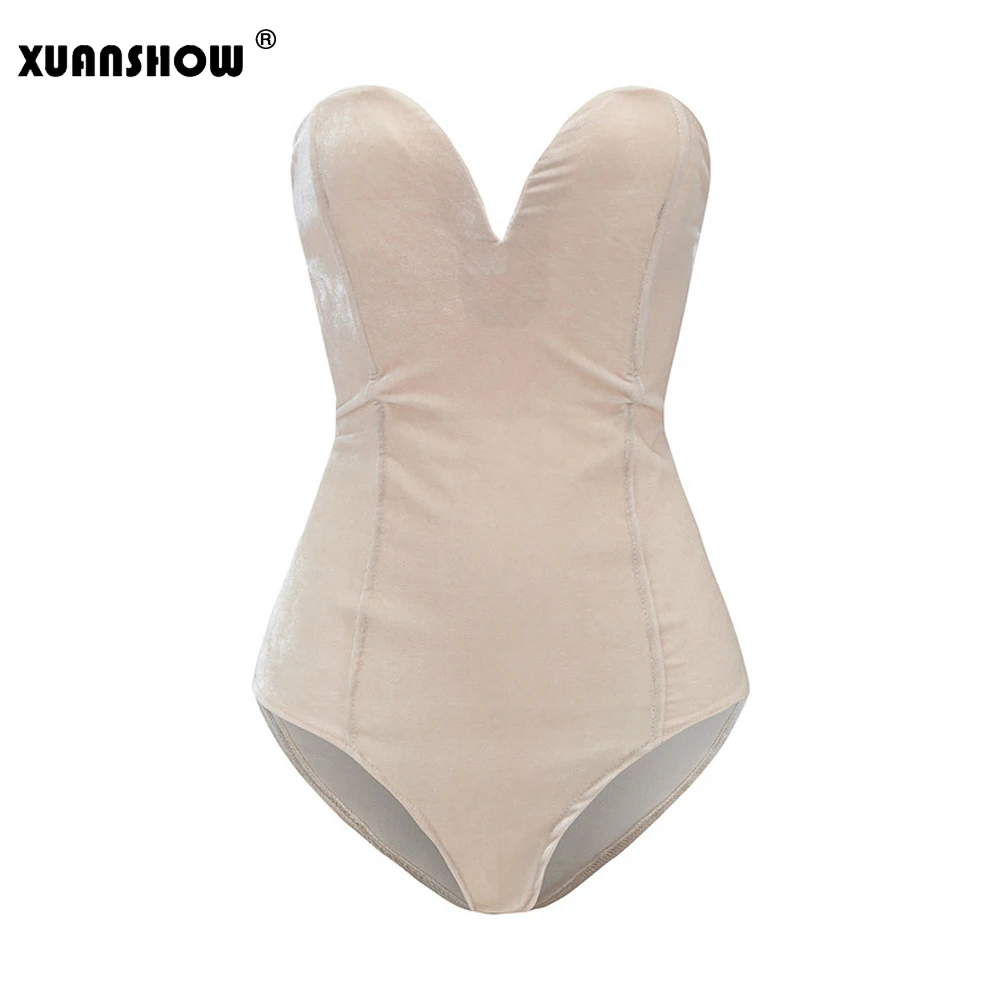 Beige XUANSHOW Сексуальное Милое бюстье боди однотонные бархатные на шнуровке с открытой спиной комбинезоны летние обтягивающие элегантные женские боди - Цвет: Beige