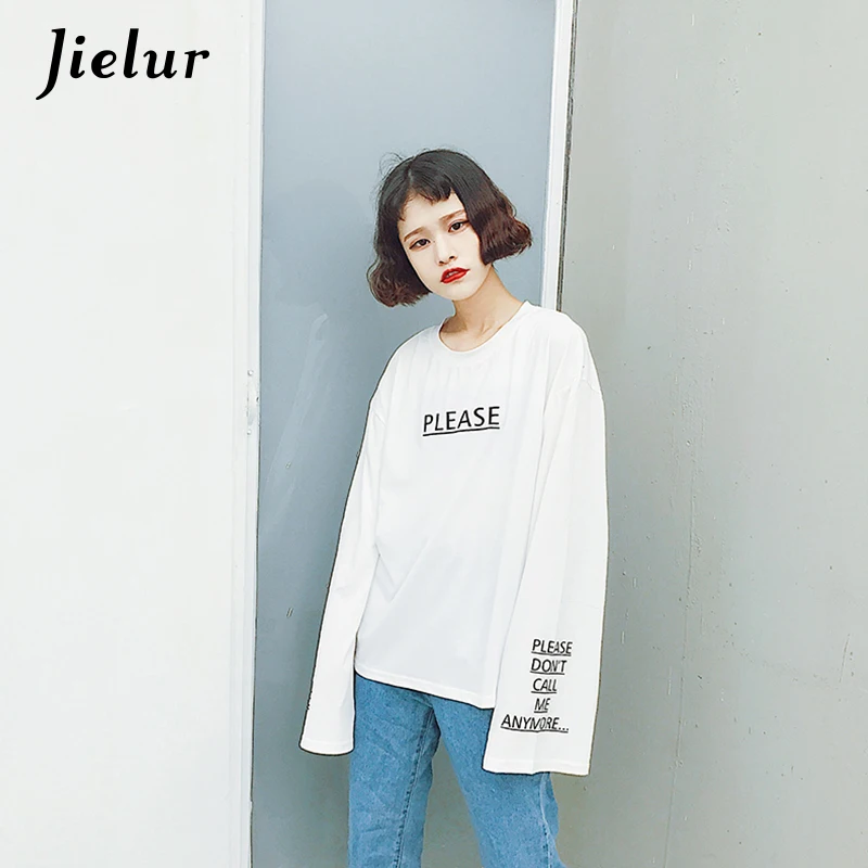 Jielur BF Модные свободные футболки с буквенным принтом для женщин осенние женские