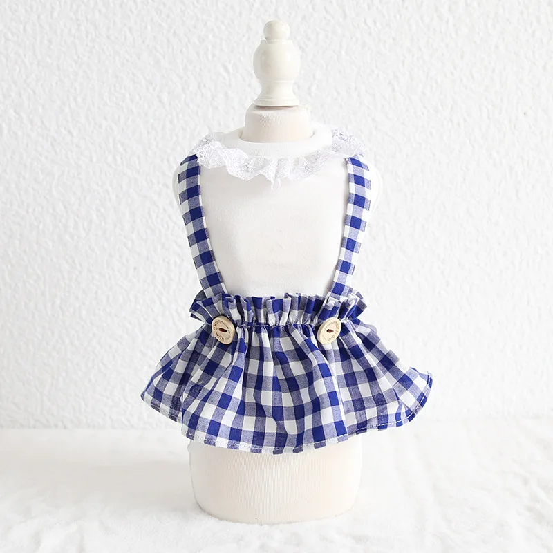 Модная клетчатая летняя одежда для собак Хлопковое платье с кружевным
