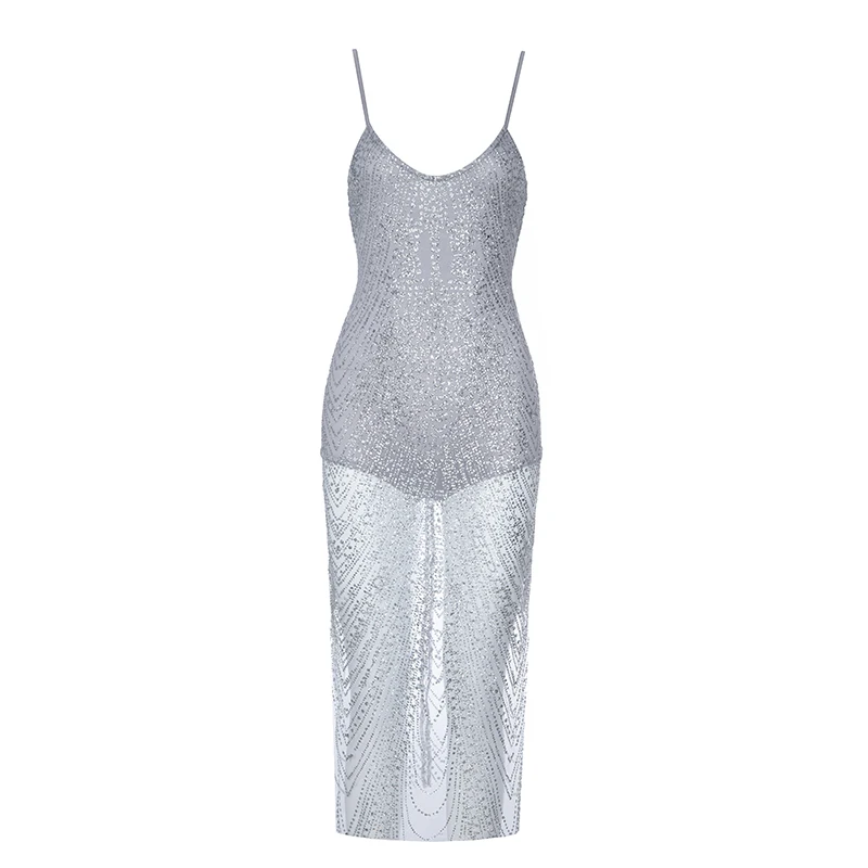 Женское вечернее коктейльное платье макси элегантное серебристое облегающее