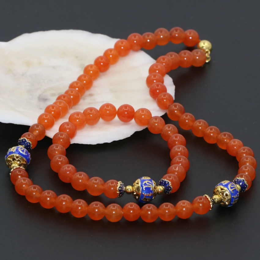 Оригинальный Fine Jewelry комплект 8 мм Orange круглые бусины нефрит камнем халцедон