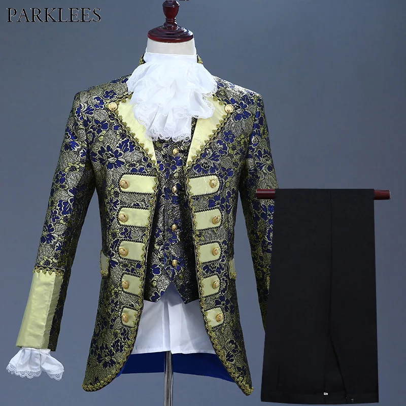 

Men Classic Five-piece Set Vintage Europe Drama Performance Dress Suit Men Gold Blue Stage Prom Singer Costume Terno Masculino