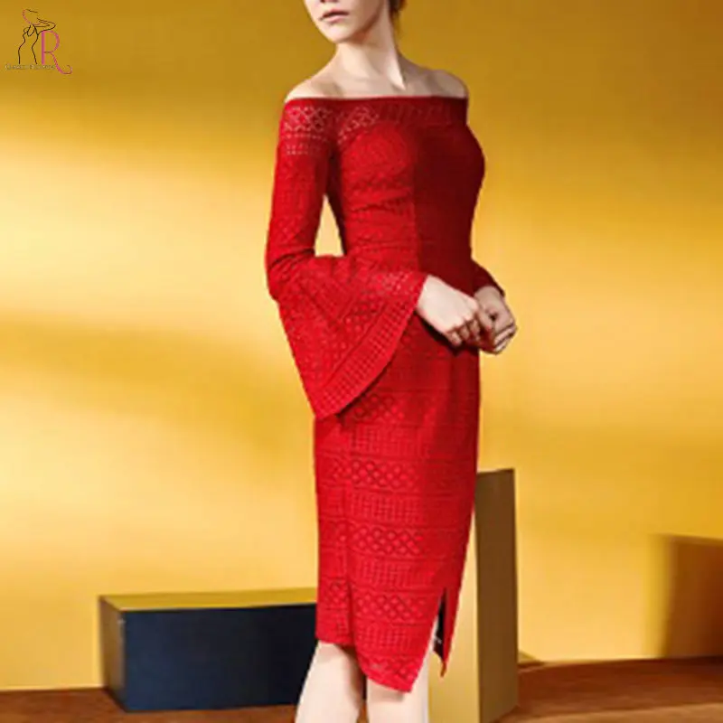 Пикантные красные с открытыми плечами Разделение Front Flare кружевное платье