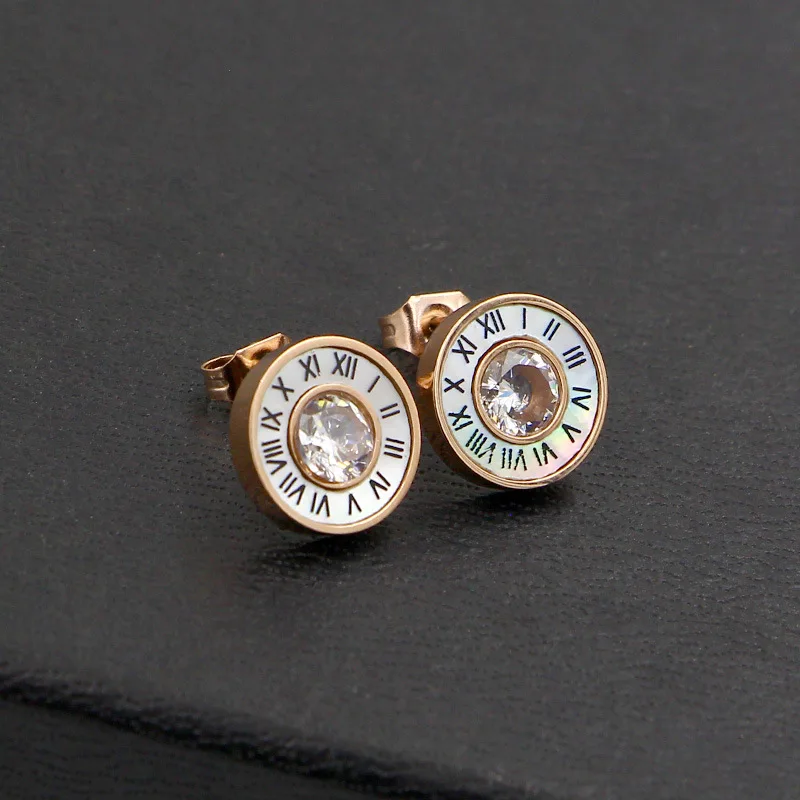 Модные круглые серьги пусеты с римскими цифрами из нержавеющей стали розовое