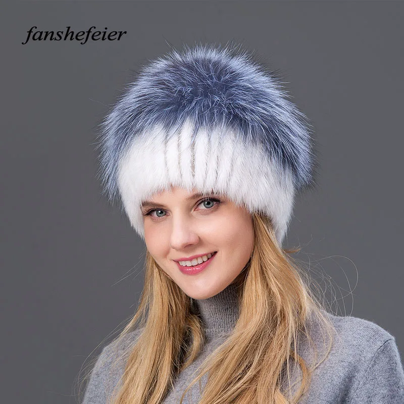 Fanshefeier, фирменная новинка, женская меховая шапка, женские зимние норковые вязаные шапочки, настоящая вязаная норка, мех серебристой лисы, шапки, женская теплая шапка бини - Цвет: colour04