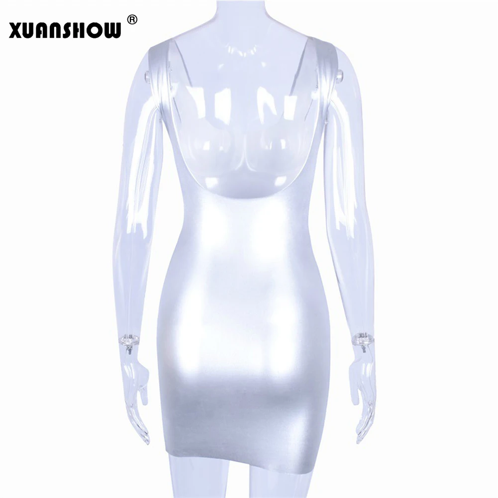 XUANSHOW для женщин Сплошной Серебряный оболочка карандаш сексуальное обтягивающее платье спинки клуб платья для вечерние ночь бинты Летнее мини платье