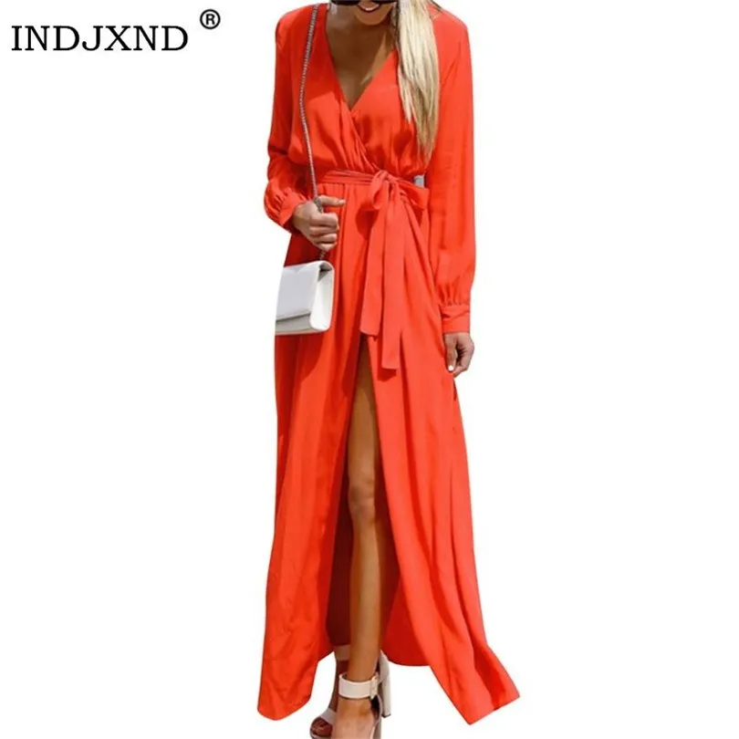 

INDJXND 2020 Women Solid Long Sleeve V Neck Button Dress Party Maxi Long Split Beach Dress Womens Sexy Summer Side Slit Dresses