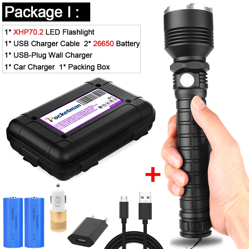 7000lumens Led flashlight XHP70.2 Most Powerful led torch USB Zoom xhp70 xhp50 18650 26650 Rechargeable Best Camping Lamp light - Испускаемый цвет: Package I