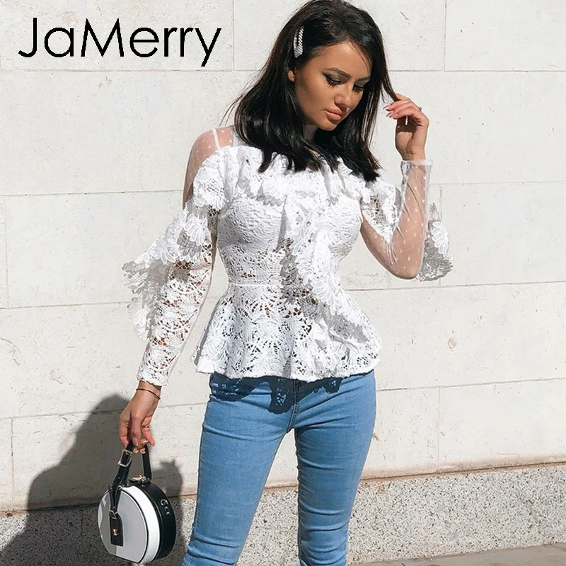 Женская винтажная блузка с рюшами JaMerry белая кружевная сетчатая вышивкой