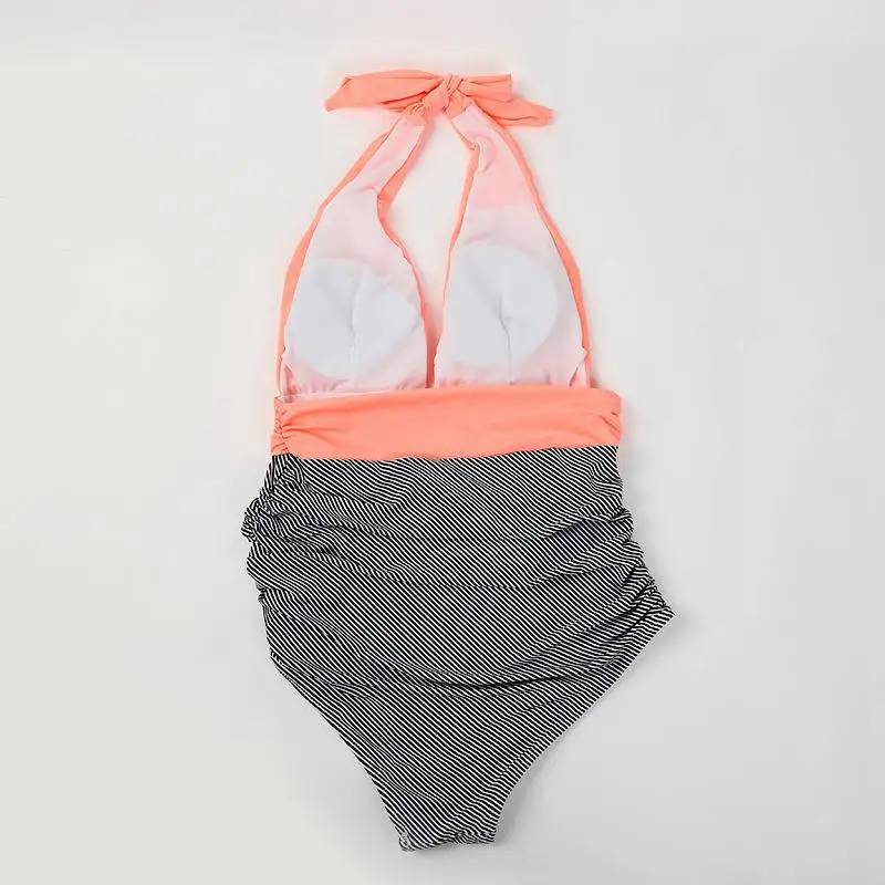 Сексуальный глубокий v-образный вырез Цельный купальник Розовый Полосатый