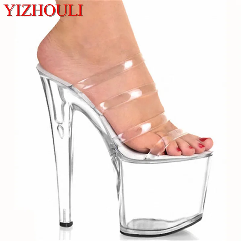 Cool transparent crystal slippers 20 cm super high heels, high waterproof shoes PVC, sexy nightclub Dance Shoes