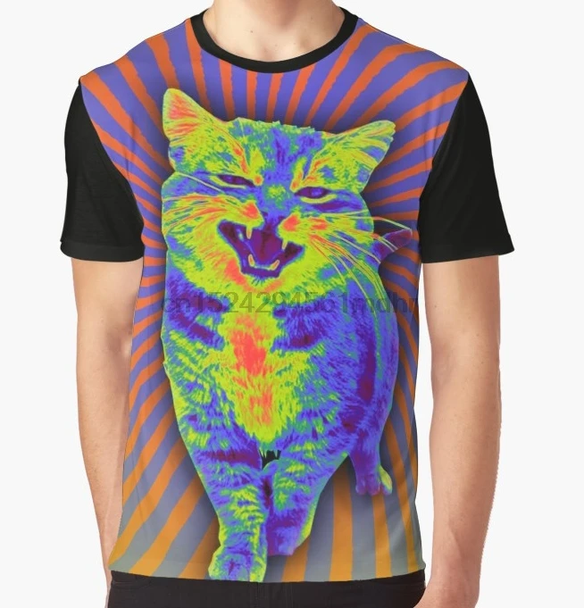 Мужская футболка с принтом Funy Psychedelic Kitty (Remaster) коротким рукавом и круглым вырезом
