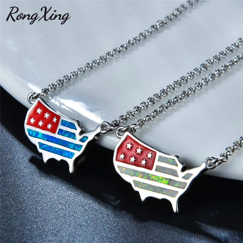 RongXing Silver Color American Flag Pendant Necklaces for Women White/Blue Fire Opal Birthstone Necklace Xmas Gift | Украшения и