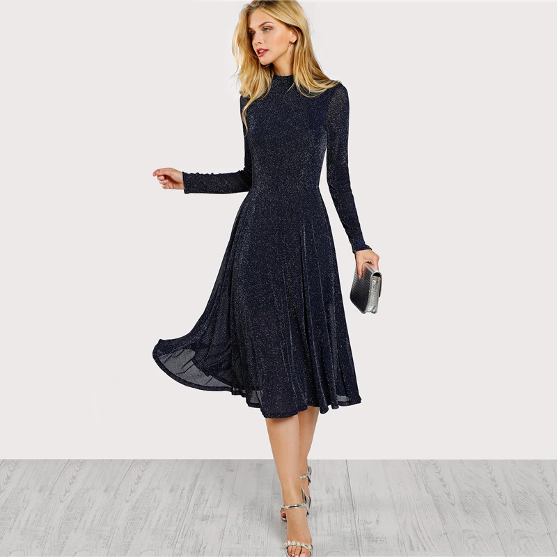 SHEIN Элегантное Платье С Блестками И Длинным Рукавом, Демисезонное Длинное Миди Платье