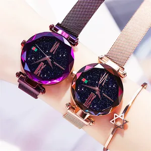Женские сетчатые часы с магнитной пряжкой и звездным небом, повседневные роскошные женские кварцевые часы с геометрической поверхностью, Relogio Feminino Brathwait