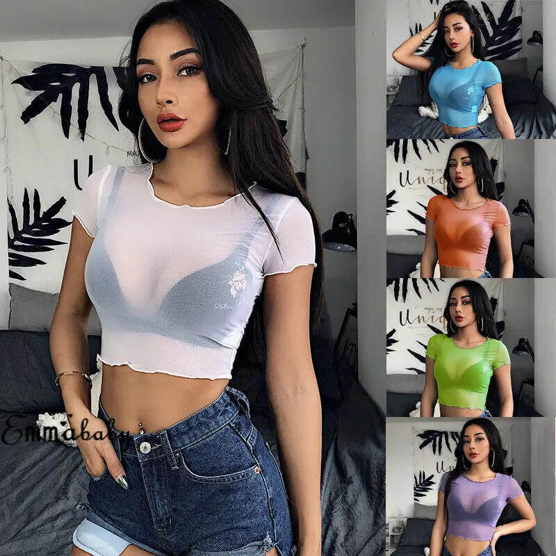 Женские футболки в сеточку с коротким рукавом и прозрачной сеткой одноцветные