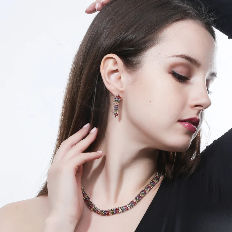 Комплект из колье и серёг с фианитом в форме листьев|necklace earring|bridal necklaceparty jewelry set |