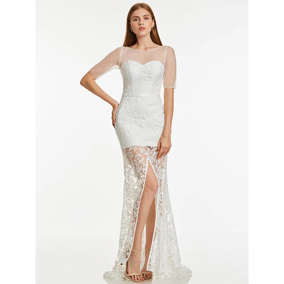 Длинное вечернее платье с круглым вырезом коротким рукавом и кружевом | Свадьбы