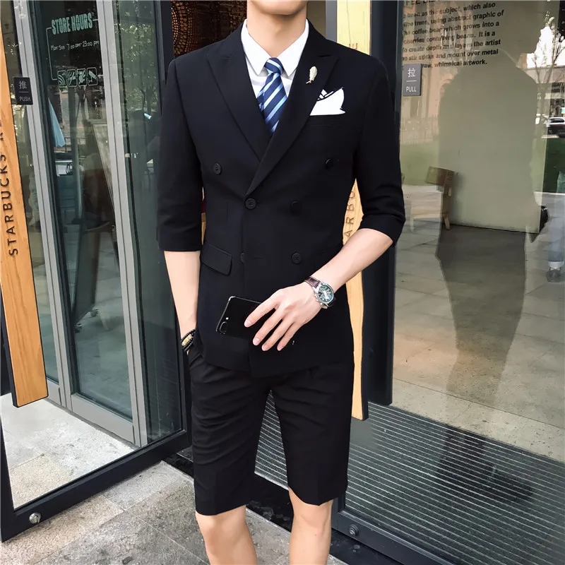 Costume Double Boutonnage Homme Man Slim Fit 3Pcs Sets Mid-sleeve Blazers+Vest+Pants/Shorts Business Casual Dress Male | Мужская одежда