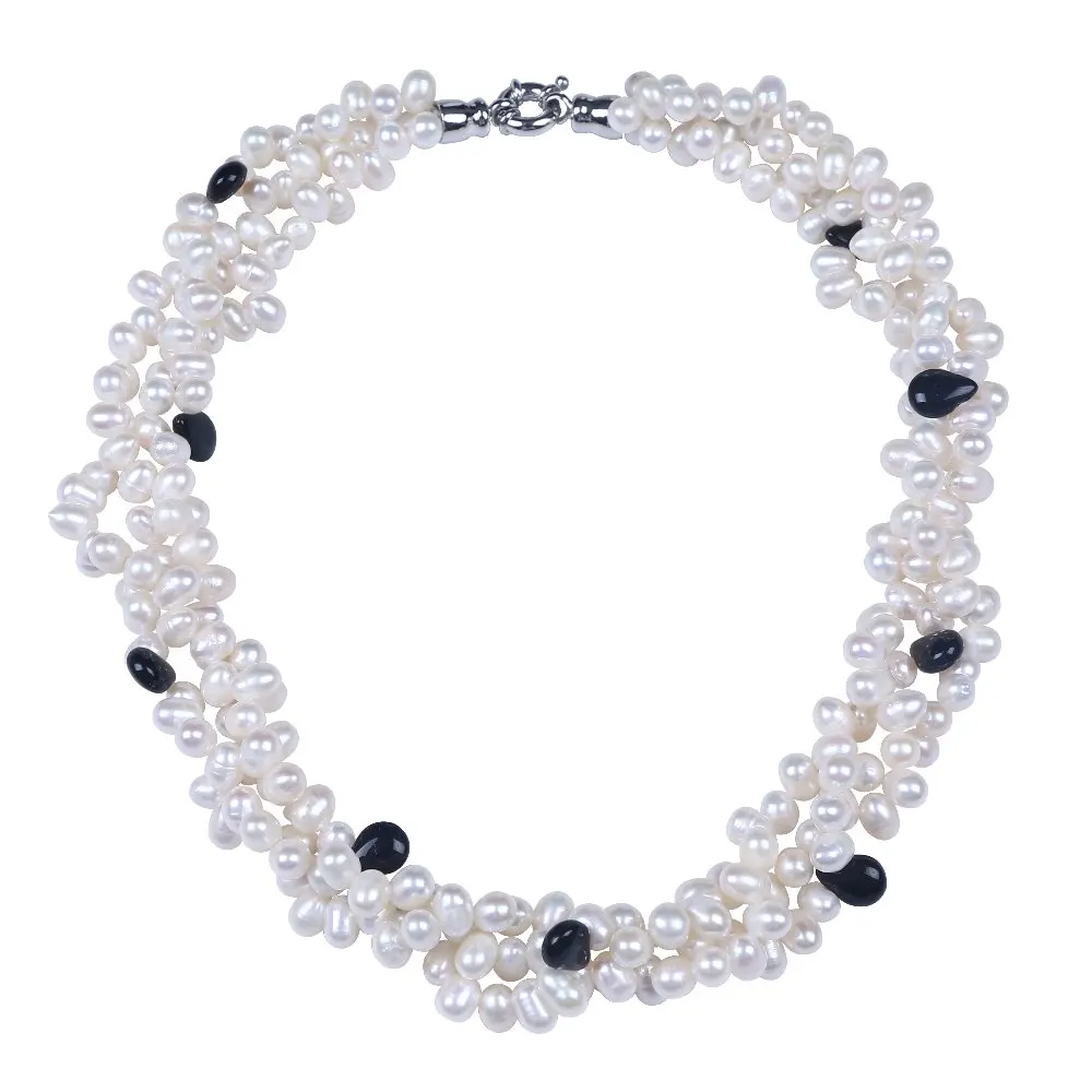 

Cute White Pearl Black Stone Jewellery Women Choker Necklace Three Layers For Christmas Gifts