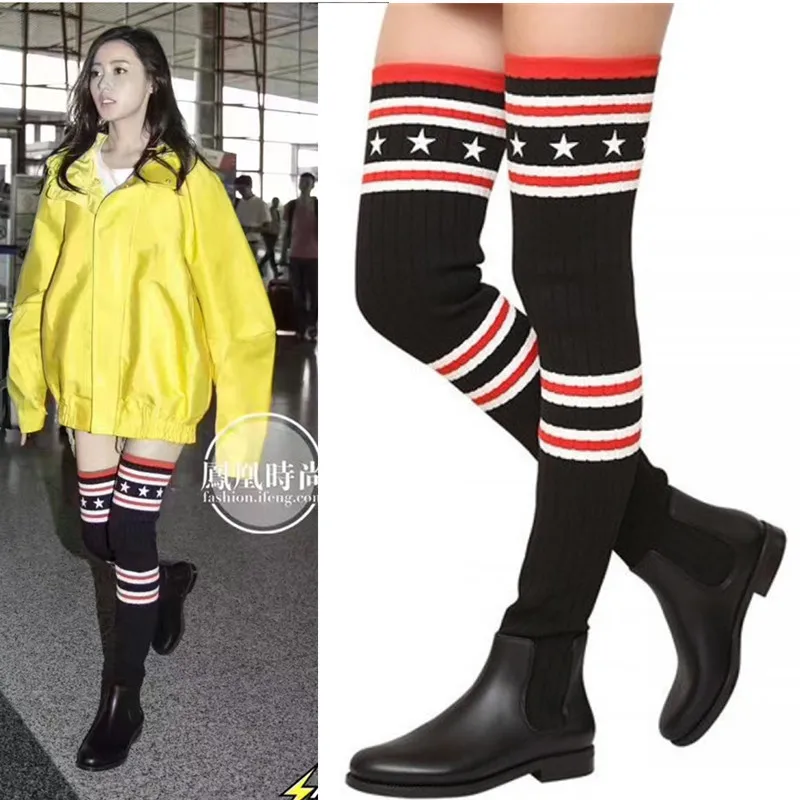 

Women Over The Knee Boots Stovepipe Socks Boots Elastic Slim Leg Women Flat Casual 2017 Spring Autumn New Crochet Boots Wool