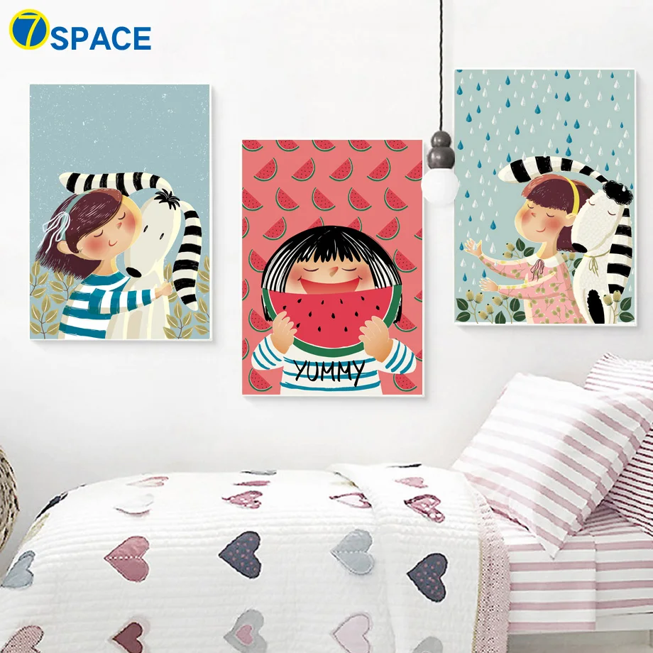 

Cartoon Girl Dog Watermelon Nordic Posters And Prints Canvas Painting Wall Art Canvas Prints Wall Pictures Kids Room Home Decor