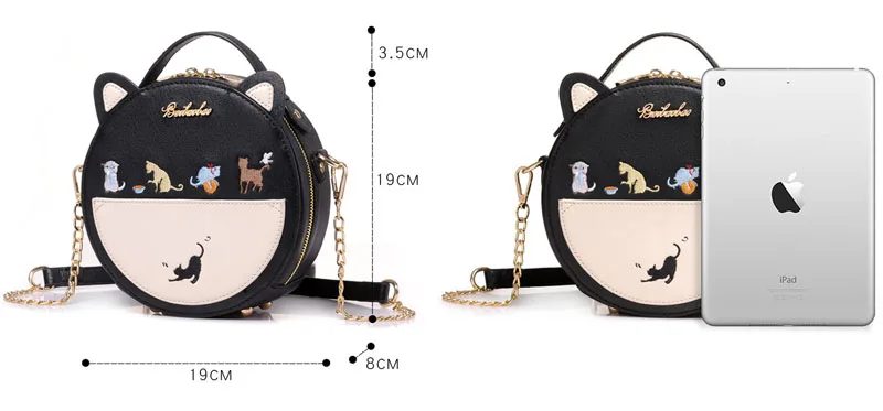 Cute Embroidery Cat Messenger Bag Women Small Circular Ears Crossbody Bags Teenage Girls Chain Shoulder Bag Mini Handbag XA25B