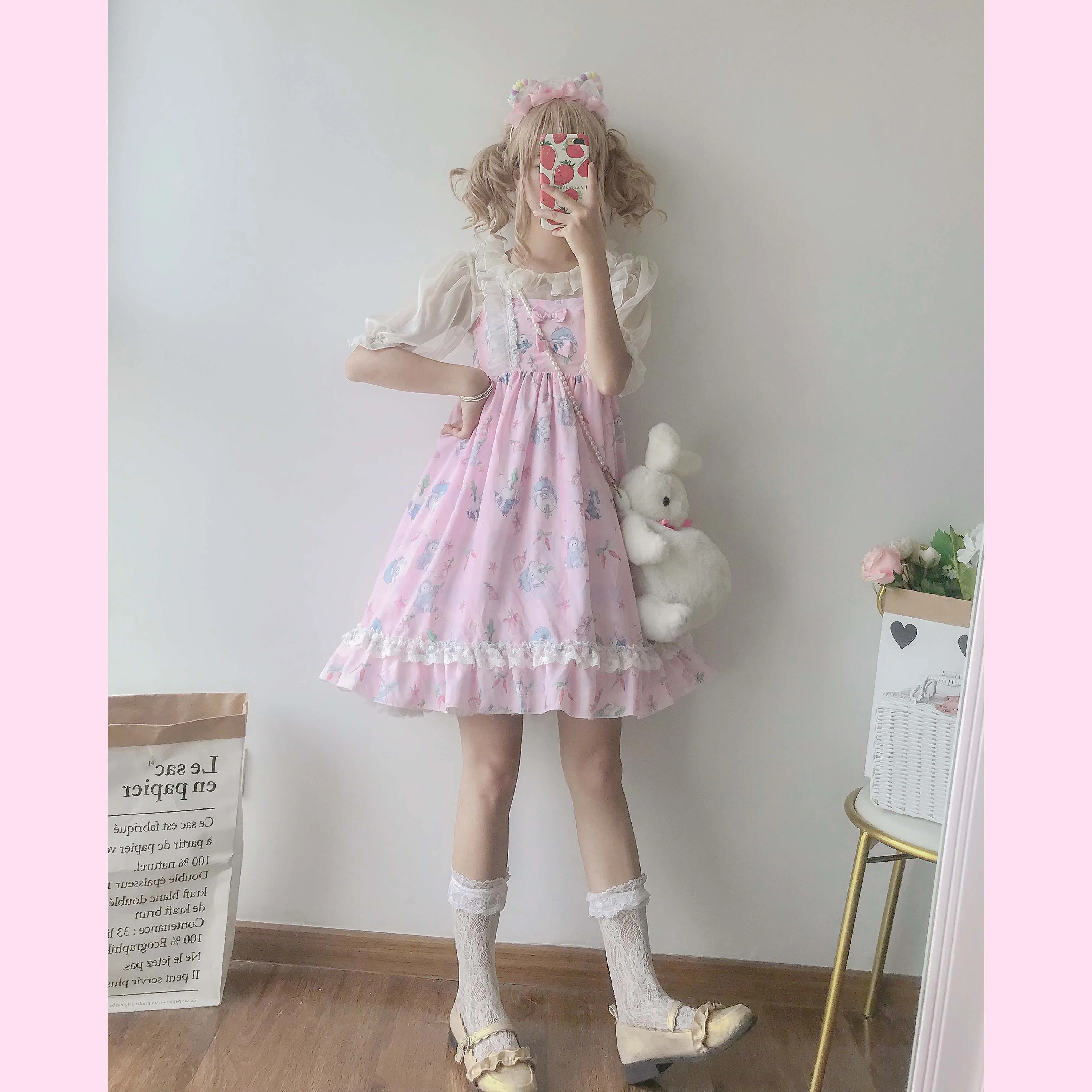 

Carrot & Rabbit Cute Girl's Lolita Dress Bunny Sleeveless JSK Dress Kawaii Bows One Piece Fancy Dress Pink & Beige