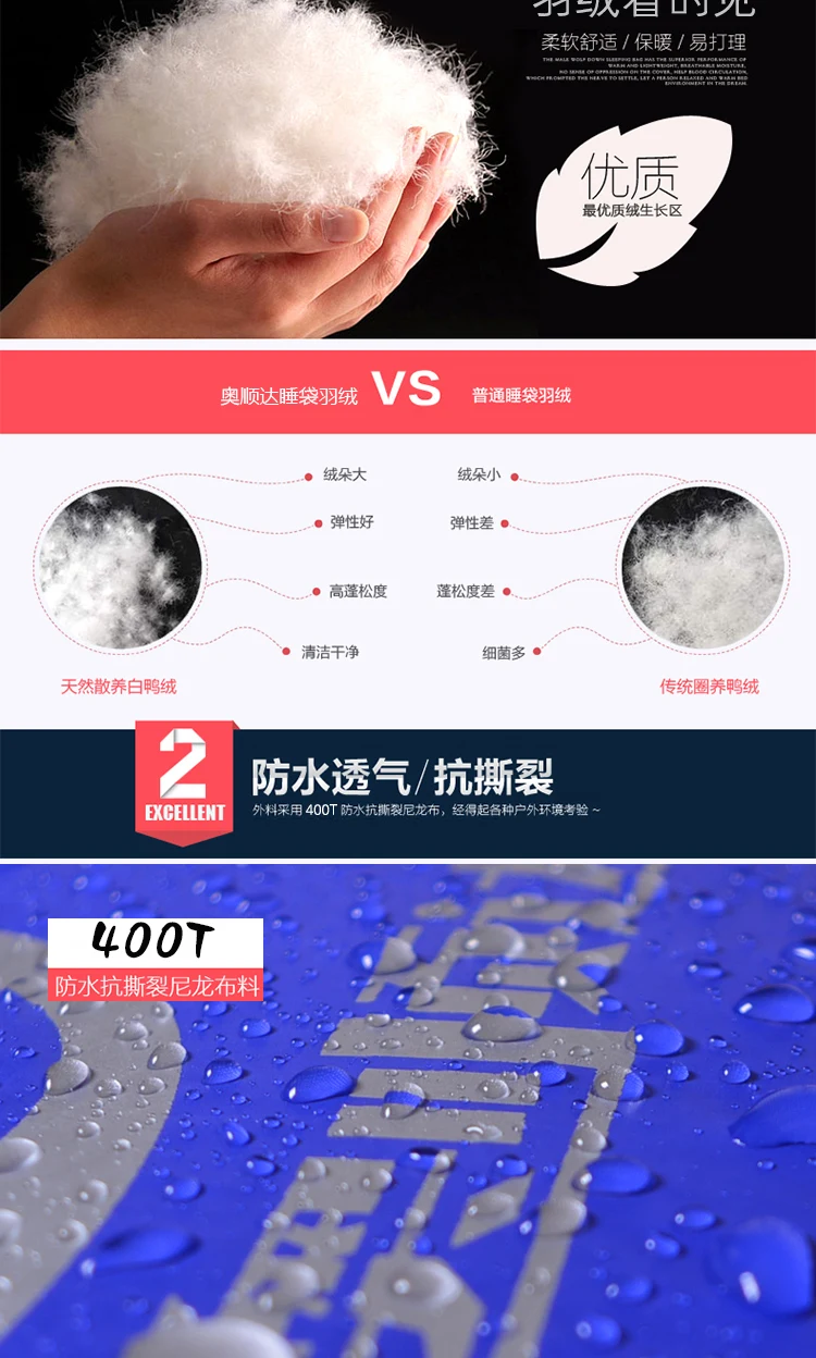 Aoshunda 600/800/1000/1200 г заполнения может быть соединены Водонепроницаемый удобные 3 сезона дышащий пуховый спальный мешок