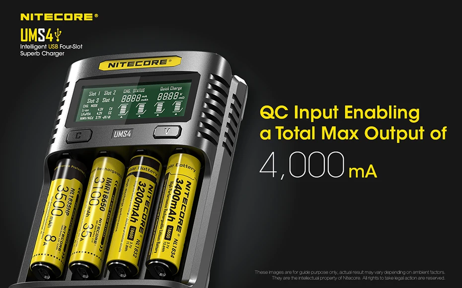 NITECORE UMS4 интеллектуальное четырехслотовое зарядное устройство QC для быстрой зарядки 4A высокотоковое многофункциональное зарядное устройство ums4