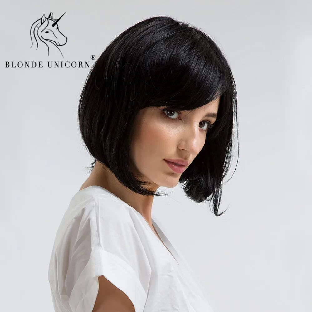 Блондинка Единорог 12 дюймов черный цвет боб парики с боковой взрыва натуральные