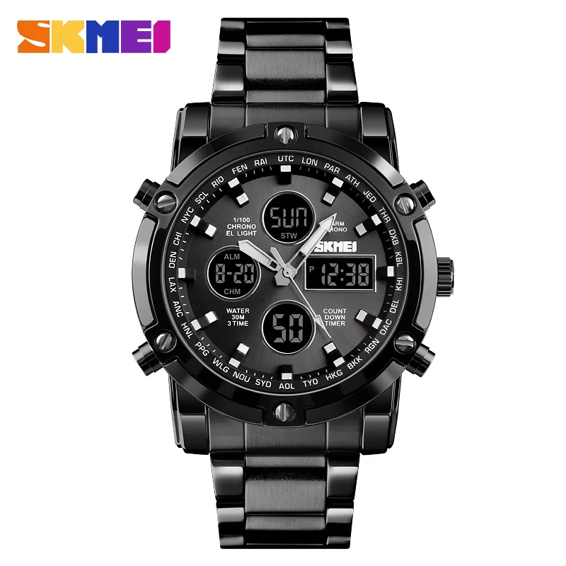 allblack watch men SKMEI цифровые часы Мужские кварцевые спортивные часы Роскошные деловые часы с ремешком из нержавеющей стали мужские часы водонепроницаемые часы reloj hombre - Цвет: allblack watch men
