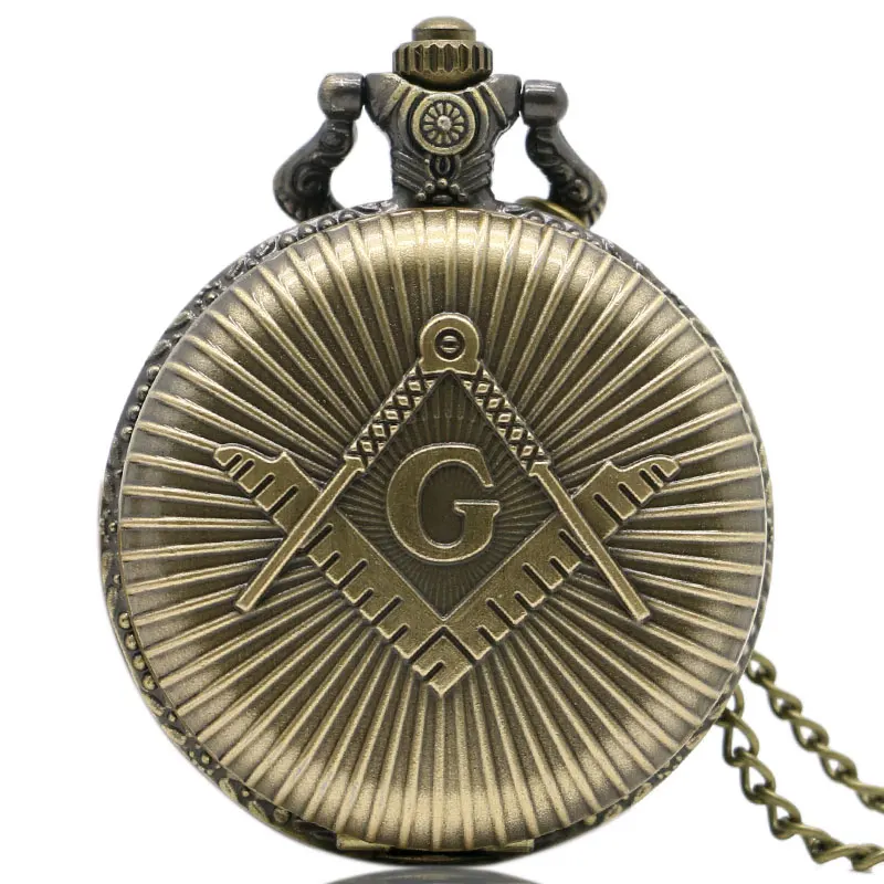 Freemasonry Masonic Design Antique Bronze Quartz Fob Clock Pendant Pocket Watch With Chain Necklace Drop Shipping masonic pocket watch luxury golden big g free mason freemasonry jewelry quartz fob watches pocket chain gifts relogio de bolso