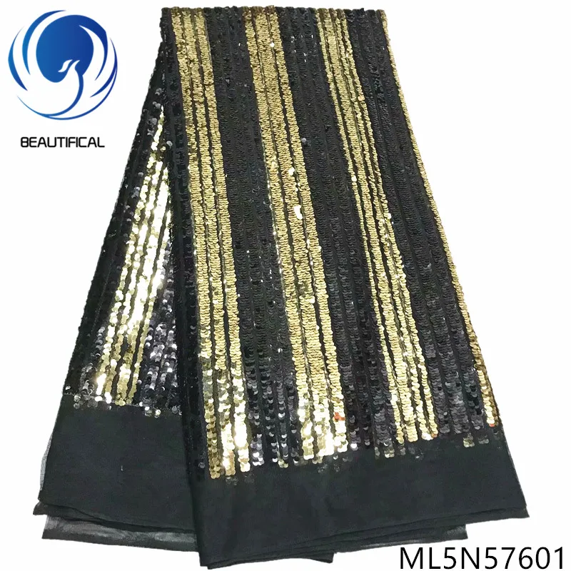 Beautifical Net african lace fabrics New arrival 5 centimeter two-tone sequins embroidery net lace fabric for dress ML5N576