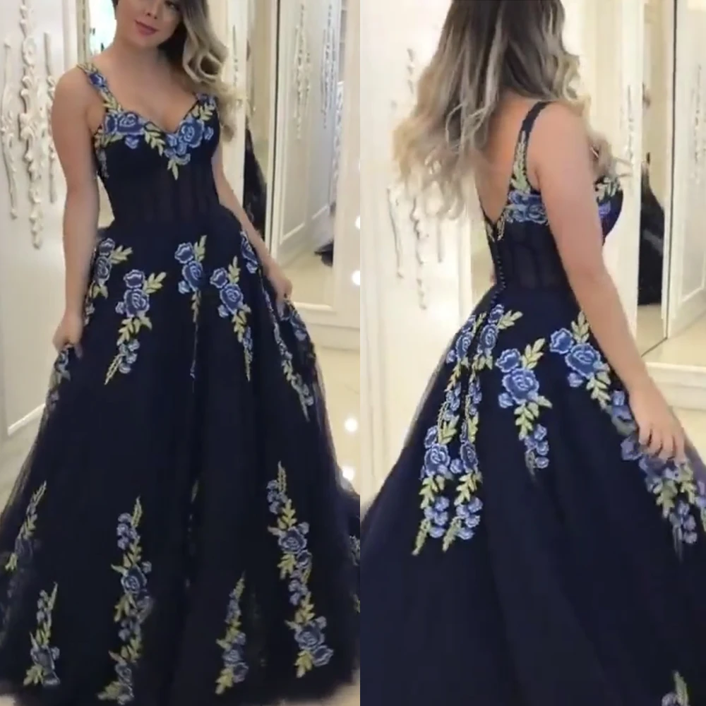 

royal blue prom dresses 2019 sweetheart neckline lace appliques embroidery a line tulle flowers floor length evening dresses gow