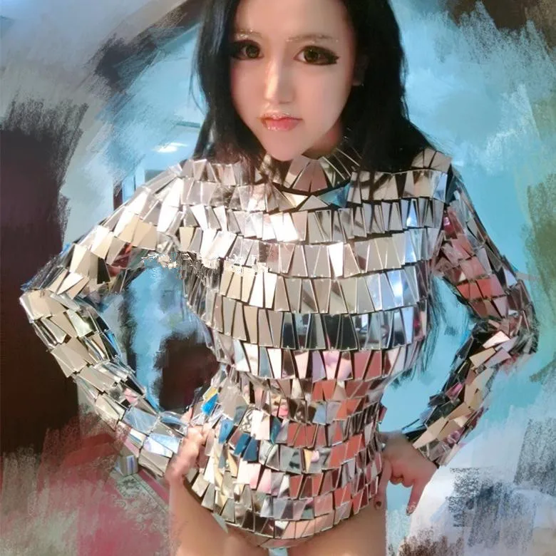 Women Silvery Reflective mirror Bodysuit Double-sided Hand Sewing Sequins Long Sleeve Bodysuits Singer DJ Catwalk Stage Costumes