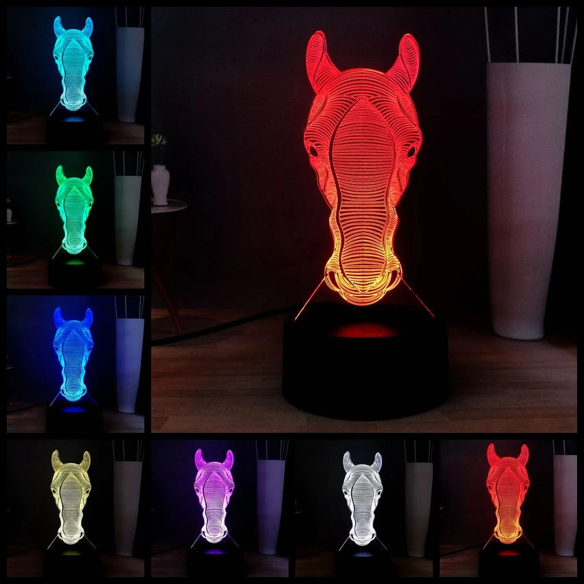 Милая голова лошади 7 видов цветов Изменение 3D детская комната иллюзия RGB