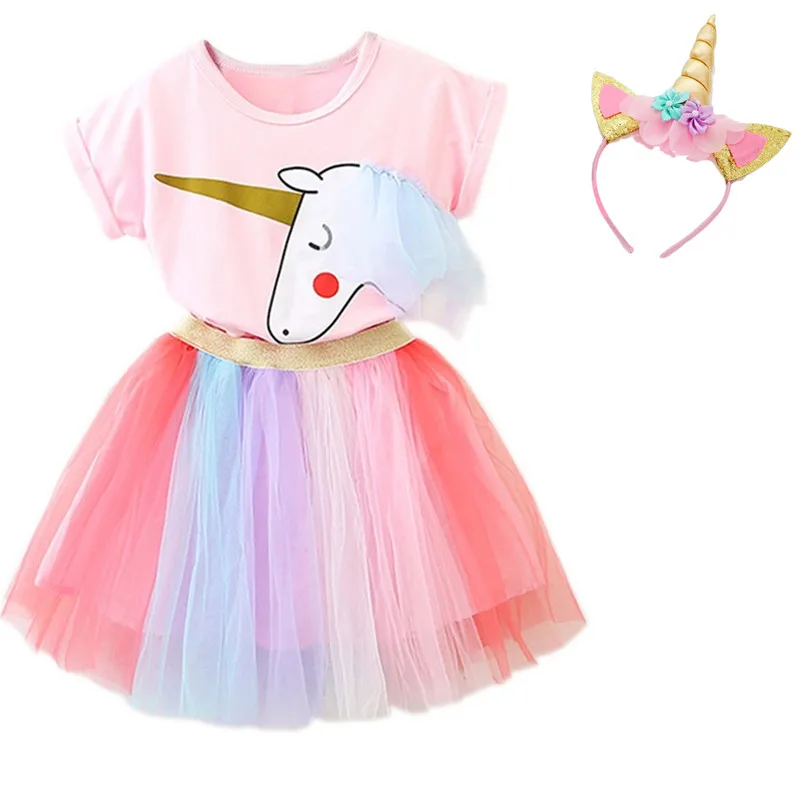 Dress Headband Нарядное платье с единорогом для девочек 1-2 лет, карнавальный костюм на день рождения, одежда для малыша Радужная вуаль, детская одежда, Vestido - Цвет: Dress Headband