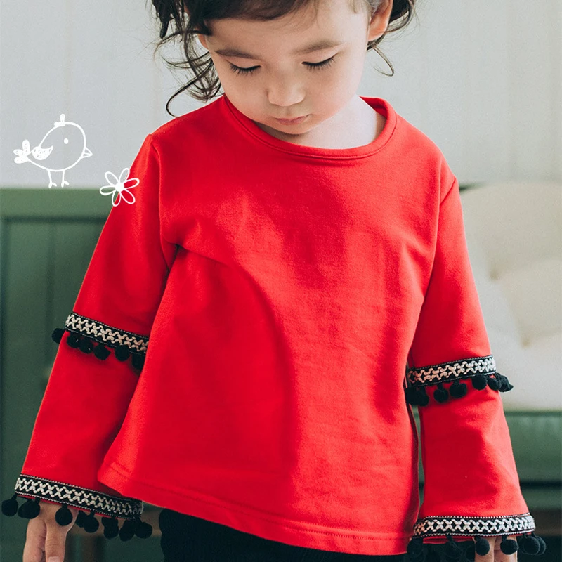 EABoutique Fashion Romantic Style Patch Double Tassels Sleeve girl winter top long sleeve Girls t-shirt | Мать и ребенок