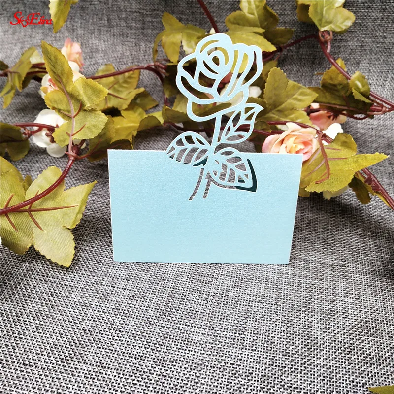 SkyBlue 10/50/100PCS rose Shape Table Name Place Cards Wedding Christmas Birthday Party Invition Cards Table Decoration Favor 12X9cm 9Z - Цвет: SkyBlue