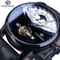 forsining brand men tourbillon mechanical watches automatic moonphase half color black leather belt wristwatch reloj hombre gift